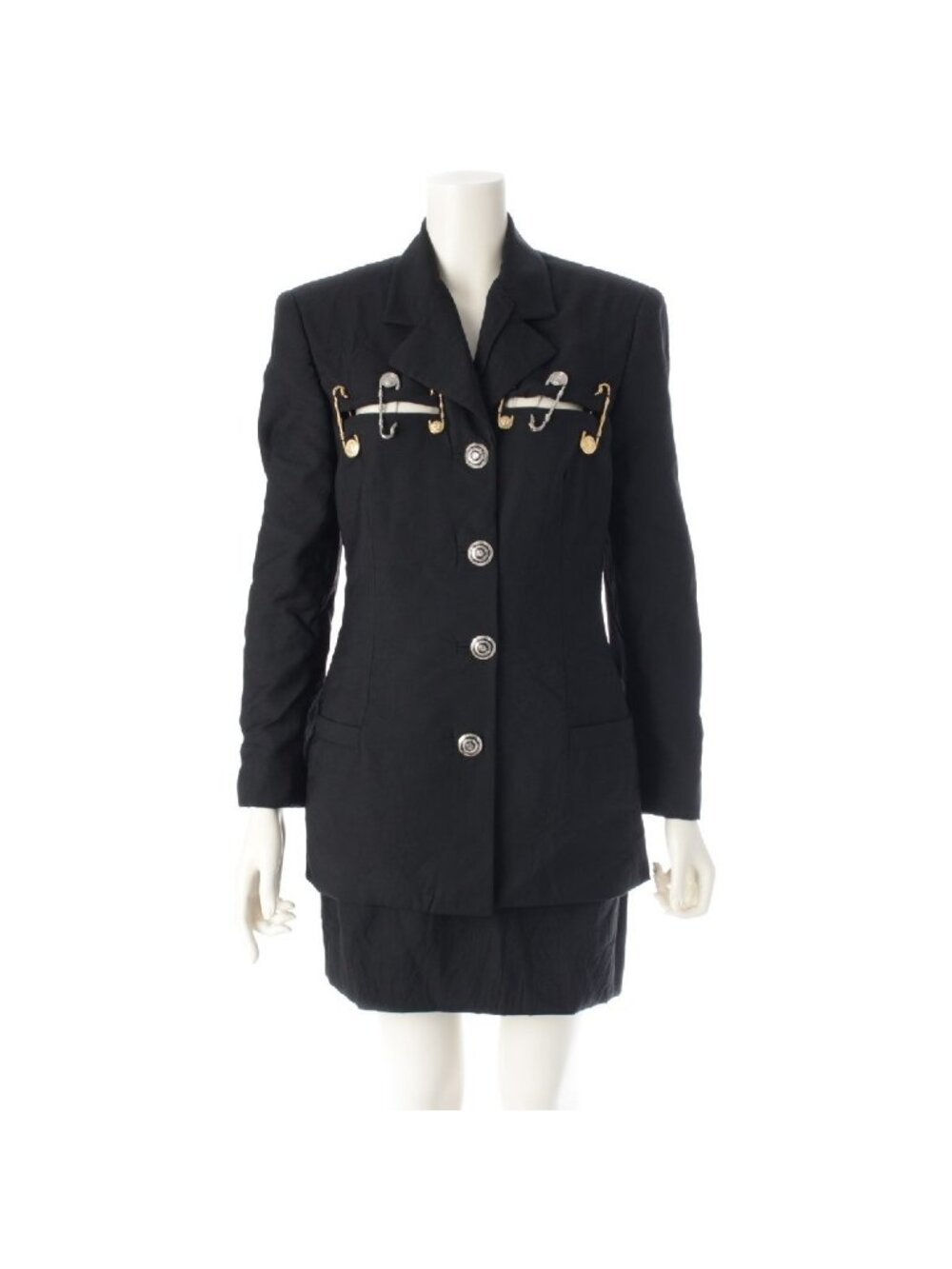 Versace Runway Vintage Safety Pin Jacket Skirt Set Medusa Black 38